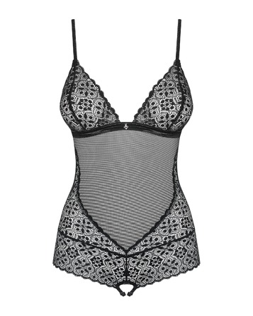 Боди полупрозрачный Obsessive Shibu с вставками кружева и открытой спиной, черный, S/M