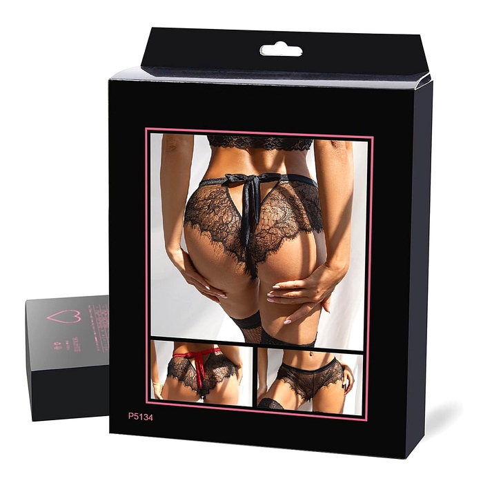 Мереживні трусики StarNight з вирізом ззаду та атласним бантом, чорні, XS-S