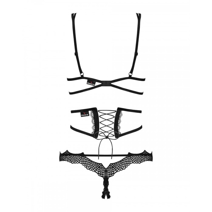 Комплект з бюстьє, трусиків та корсета з відкритими грудьми, Obsessive Bravelle чорний, L/XL