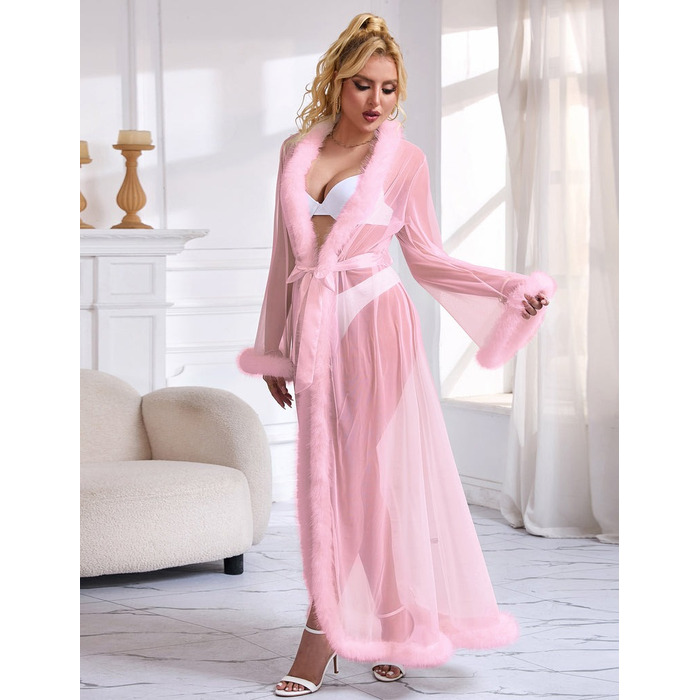 Халатик полупрозрачный Star Night с имитацией меха и поясом, розовый, XL-2XL