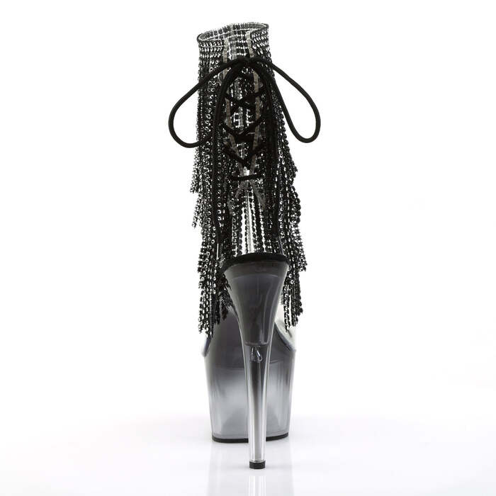 Чоботи Adore-1017RSFT на підборах 7 дюймів, 2 3/4 дюйма з відкритим носком/підбором, шнурівкою та бахромою, прозорі/чорні