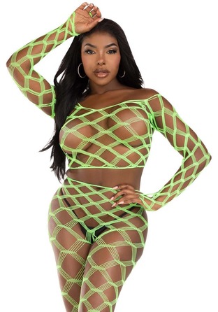 Комплект топ та легінси Leg Avenue Never Say Never у велику сіточку, салатовий, One Size