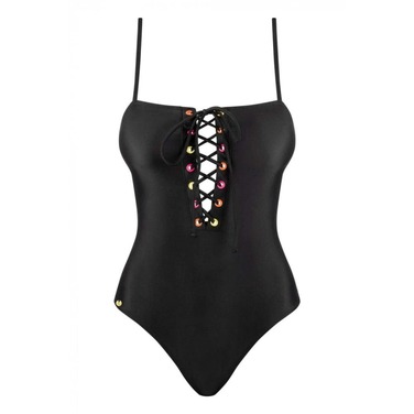 Купальник сдельный Obsessive Beverelle с глубоким декольте и шнуровкой, черный, S