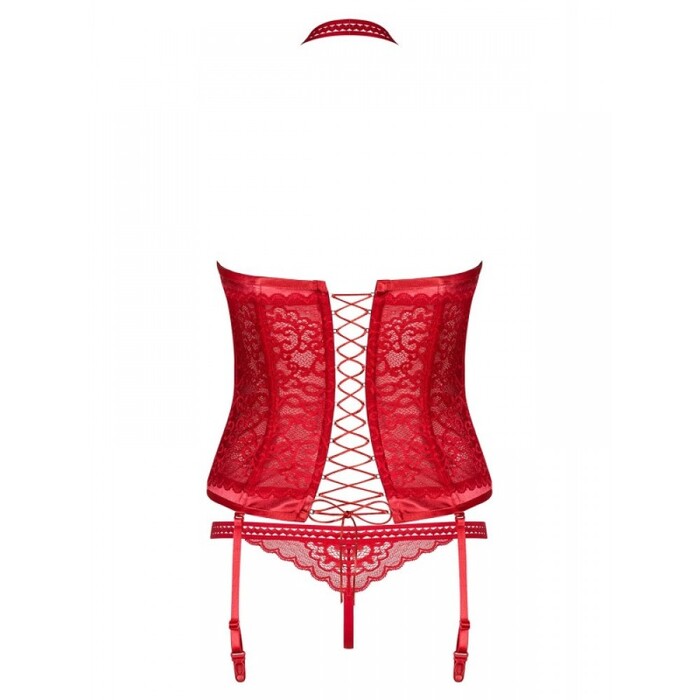 Комплект красный - корсет и трусики Obsessive Flameria с кружевом в сочетании с атласом, S/M