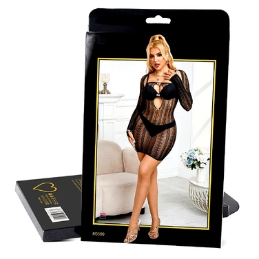 Платье Star Night в сеточку с узорами, черное, L-2XL