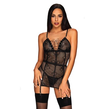 Пеньюар в сеточку Obsessive Basitta со шнуровкой, стринги в комплекте, черный, L/XL