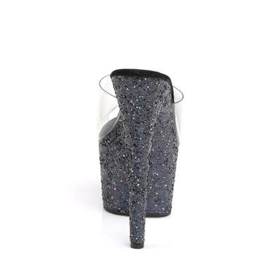 Шльопанці Adore-701LG на підборах 7 дюймів, шльопанці 2 3/4 дюйма з голографічним блискітками на підошві, прозорі/чорні з голограмою