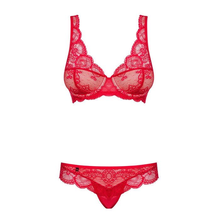 Комплект мереживний Obsessive 853, червоний з бежевими вставками, L/XL