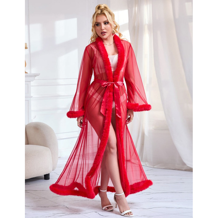 Красный сексуальный длинный халатик в сеточку Star Night с отделкой из меха под норку и поясом, M