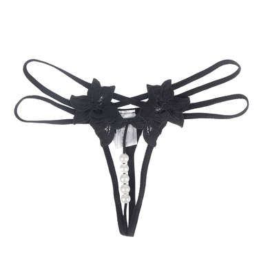 Трусики з квітковим принтом Star Night, відкритий доступ прикрашений перлинами, чорний (без коробки)