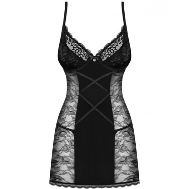 Комплект Obsessive Laurise пеньюар мереживний з трусиками, чорний, S/M