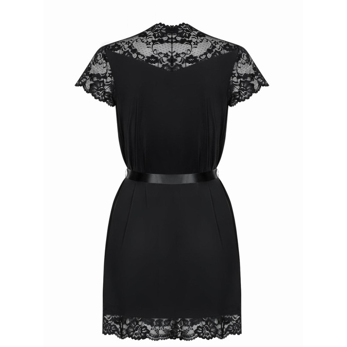 Халат атласный Obsessive 810-PEI-1 с кружевами, черный, L/XL