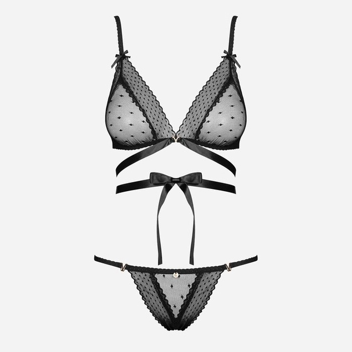 Комплект напівпрозорий Obsessive Bowessa в горошок, чорний, L/XL