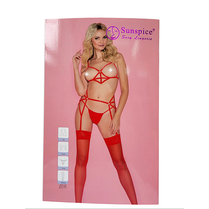 Комплект контурного красного белья Sunspice бра (открытый доступ) и чулки с поясом, L/XL