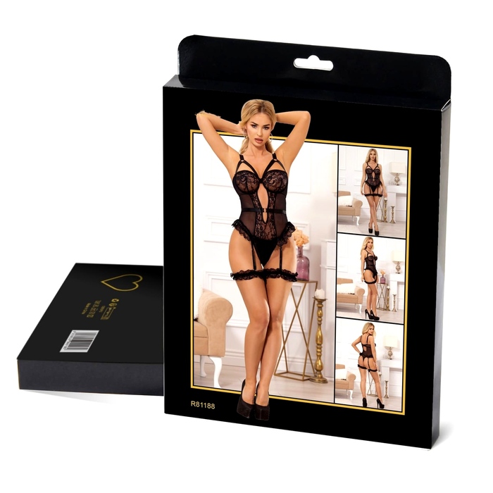 Боди с подвязками на лямках Star Night с кружевом, чёрное, XS-S