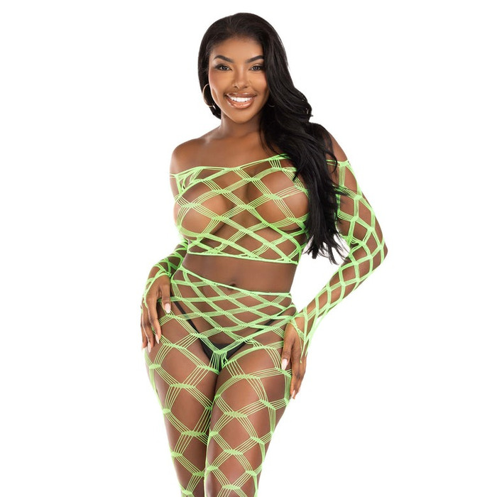 Комплект топ та легінси Leg Avenue Never Say Never у велику сіточку, салатовий, One Size