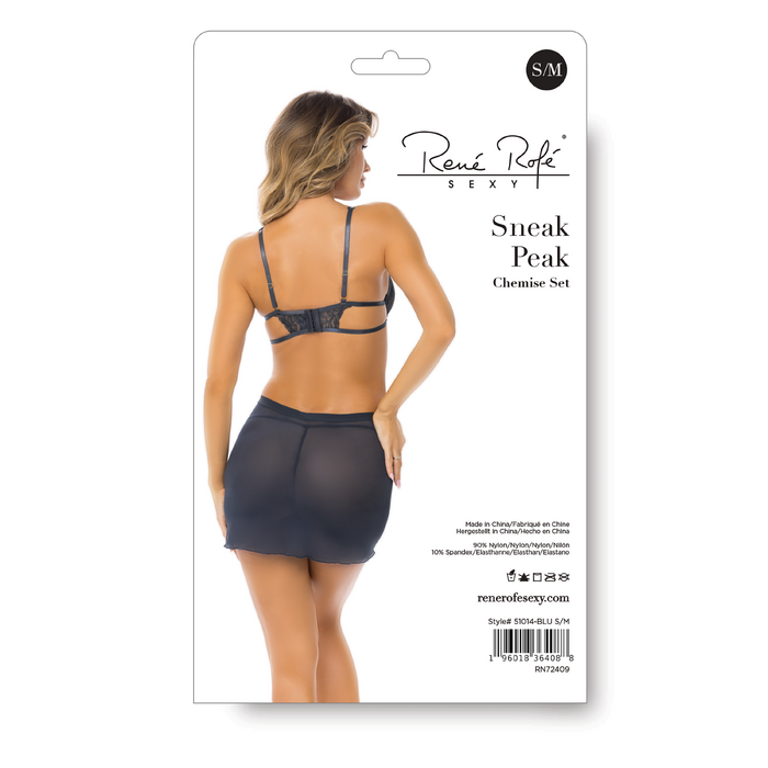 Пеньюар Rene Rofe Lingerie напівпрозорий, з мереживними елементами, ліф на кісточках, синій, S/M