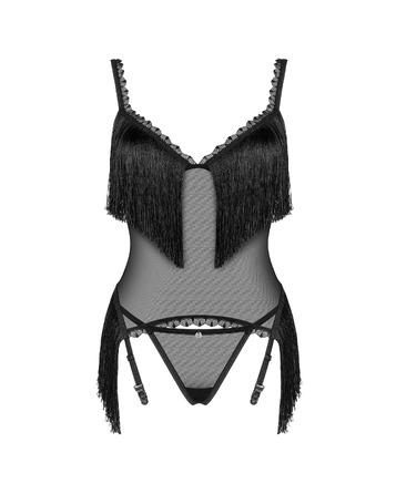 Корсет з бахромою та стрінги Obsessive Sherila чорний, XS/S