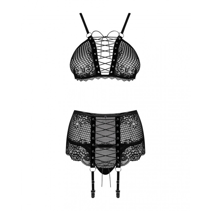 Комплект зі шнурівкою та поясом для панчох Obsessive Basitta, чорний, L/XL