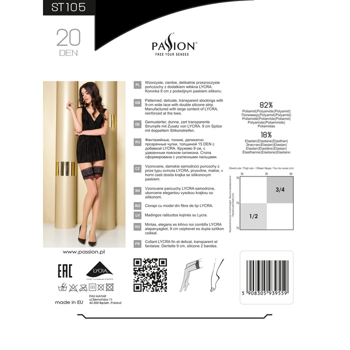 Панчохи ST105 бежеві з чорним мереживом та сірим оздобленням, 3/4 (20 den) - Passion