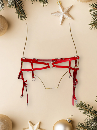 Портупея та пояс для панчох з бантиками Candy Hero 'Kit17' з екошкіри, червоні