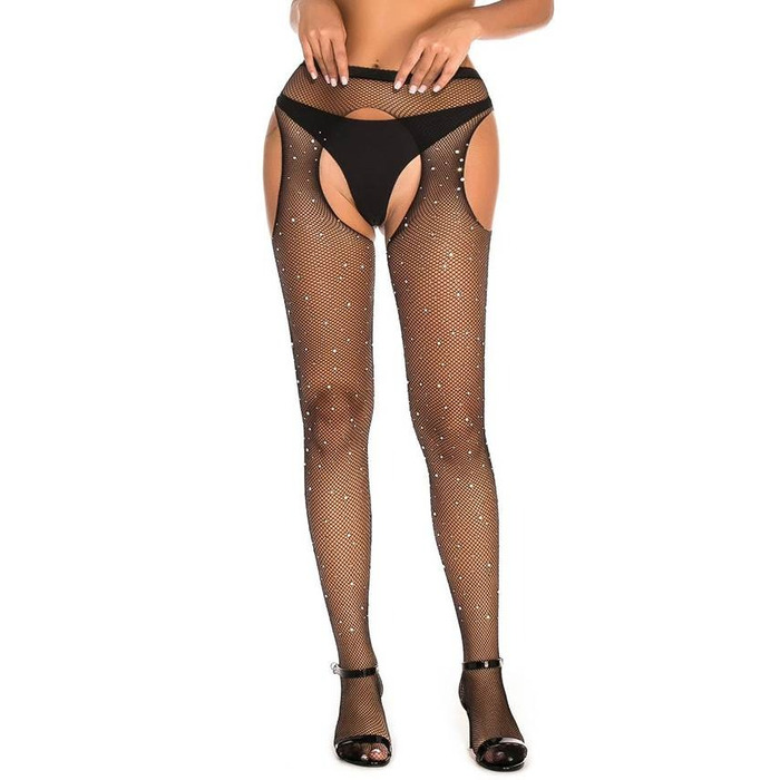 Колготы эротические черные Star Night с открытым доступом и стразами, XS-M