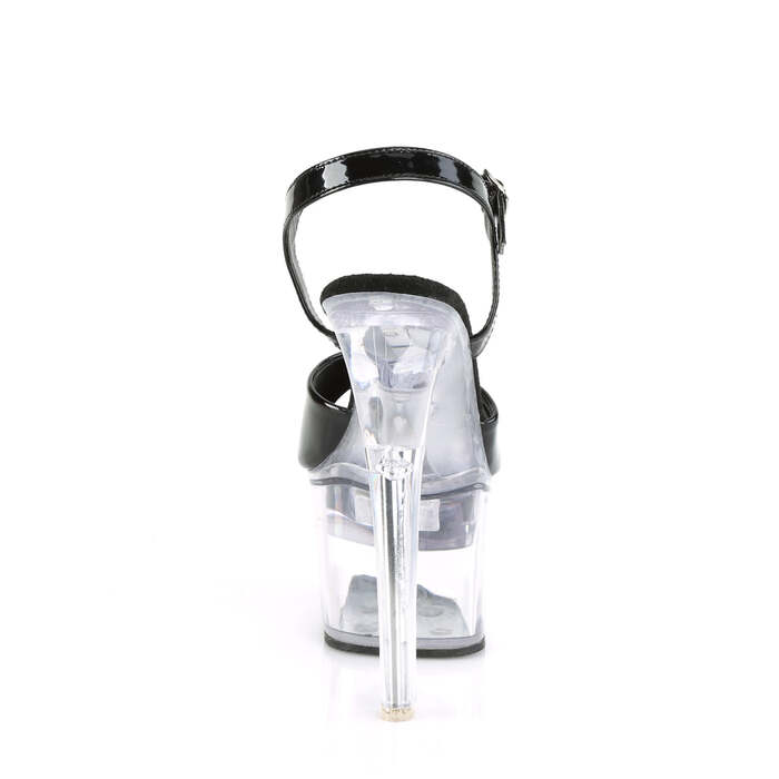 Босоножки Flashdance-709. Каблук 7 дюймов, платформа 2 3/4 дюйма. Босоножки с ремешком на щиколотке и светодиодной подсветкой. Цвет: чёрный/прозрачный.