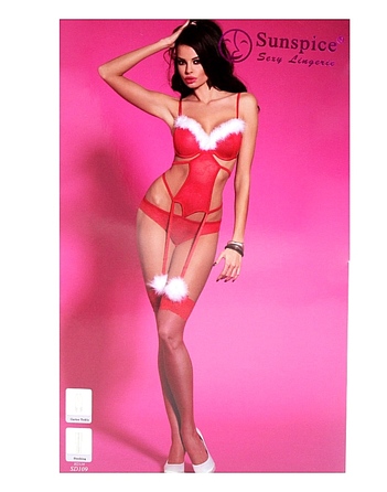 Новогодний костюм Sunspice Мисс Санта боди кружево с пушком, чулки, красный+белый, L/XL