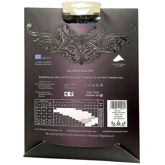 Прозорі чорні панчохи Ballerina's Secret з візерунком, мереживним верхом та заднім швом, L/XL