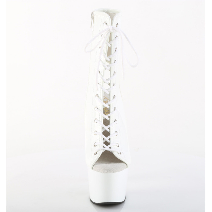 Ботильоны Adore-1016 с каблуком 7 дюймов, открытым носком и пяткой 2 3/4 дюйма, молнией сбоку, белые лакированные.