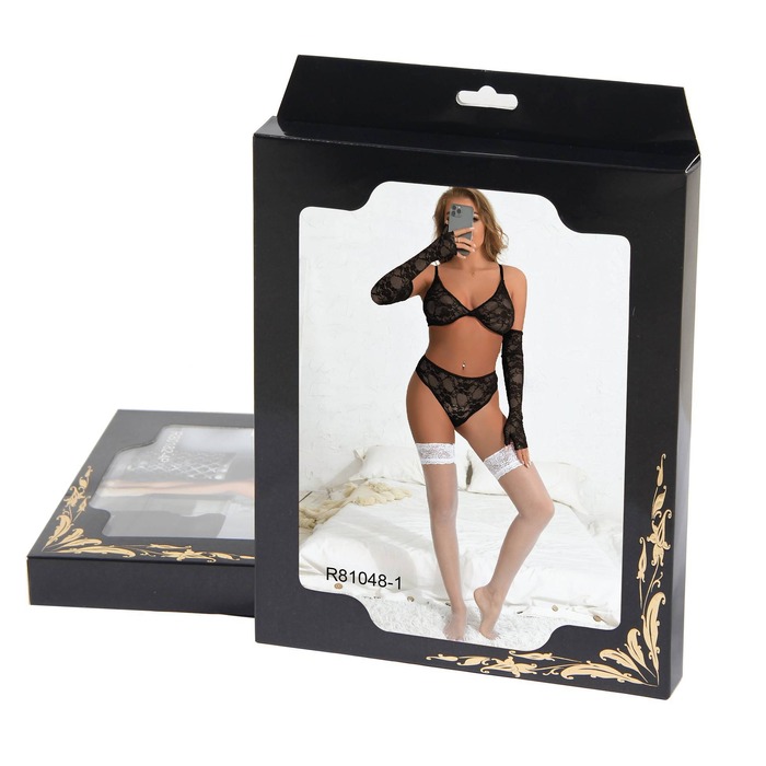 Комплект білизни з рукавичками Star Night мереживний, чорний, XS-S