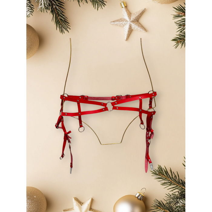 Портупея та пояс для панчох з бантиками Candy Hero 'Kit17' з екошкіри, червоні