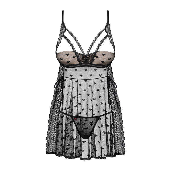 Сорочка с акцентами в виде сердечек Obsessive Heartia трусики в комплекте, черный, S/M