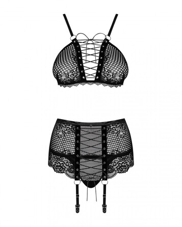 Комплект зі шнурівкою та поясом для панчох Obsessive Basitta, чорний, L/XL