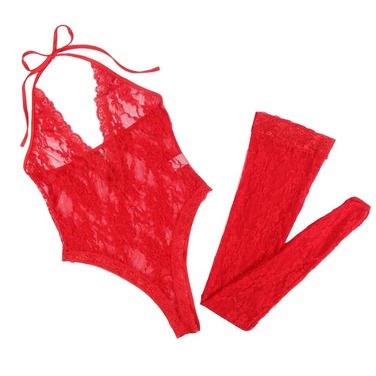 Боди с чулками Star Night кружевное, полупрозрачное, красный, ХL