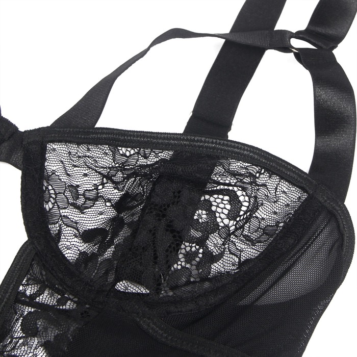 Боди кружевное Star Night с доступом и гартером, черное, M-L