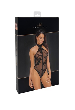 Боді напівпрозоре, F314 Ego Noir Handmade, з блискавкою, з квітковим візерунком, чорне, розмір M