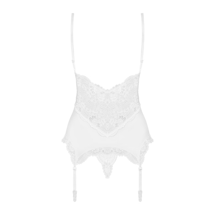 Корсет кружевной Obsessive 810-COR-2 с пажами для чулок, в комплекте кружевные стринги, белый, S/M