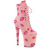 Чоботи Flamingo-1020KISSES *8-дюймовий каблук, 4-дюймові ботильйони на шнурівці з принтом губ PF, блискавка збоку, світло-рожева веганська шкіра
