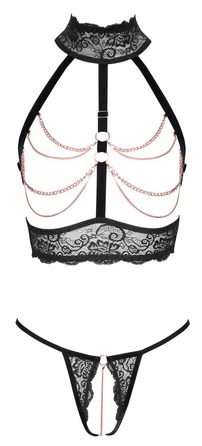 Комплект Abierta Fina відкритий ліф з декоративними ланцюжками та трусики з доступом, чорний, S