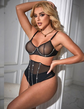 Сексуальный черный комплект белья Star Night с декоративными стразами и цепочками, M