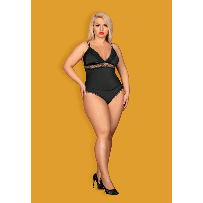 Эротическое боди из атласа с элементами кружева Obsessive Lolitte и открытой спиной, черный, XXL