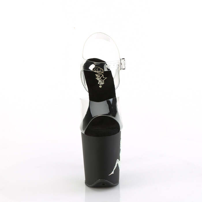 Босоножки Flamingo-808TGRS. Каблук 8 дюймов, ремешок на щиколотке 4 дюйма. Босоножки с логотипом RS Trucker Girl, прозрачные/черные.