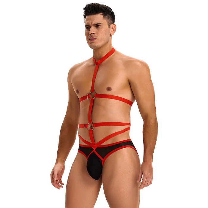 Мужские трусы с портупеей и чокером Star Night красный-черный, M