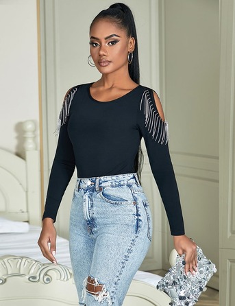 Черный боди с длинными рукавами Star Night и кисточками из цепочек, L